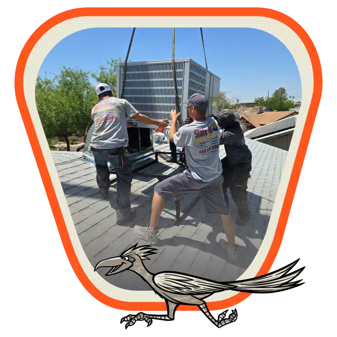 State Forty Eight Home Comfort technicians setting a rooftop air conditioning package unit in Peoria, AZ